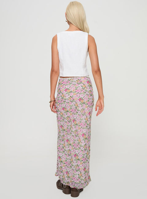 back view of model wearing Princess Polly Emily Maxi Skirt Pink Floral Maxi Skirts Skirts 