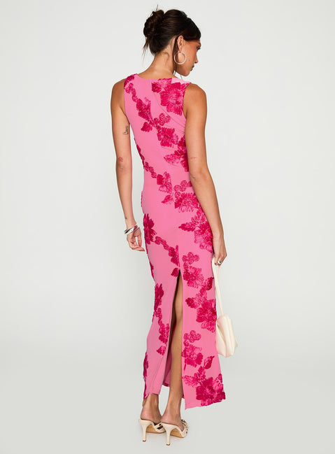 back view of model wearing Princess Polly Fionna Floral Maxi Dress Pink Crew Neck 