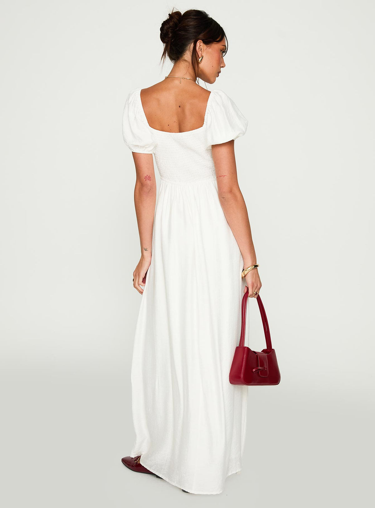 back view of model wearing Princess Polly Summer Song Maxi Dress White Scoop Neck 