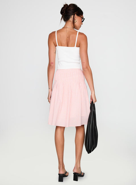 back view of model wearing Princess Polly Maryanna Midi Skirt Pink Gingham Skirts 