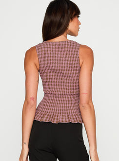 back view of model wearing Princess Polly Chauntelle Ruched Top Pink Check Sleeveless Crew Neck 