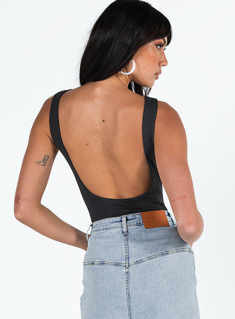 back view of model wearing Princess Polly Beresford Bodysuit Black Sleeveless Bodysuit 