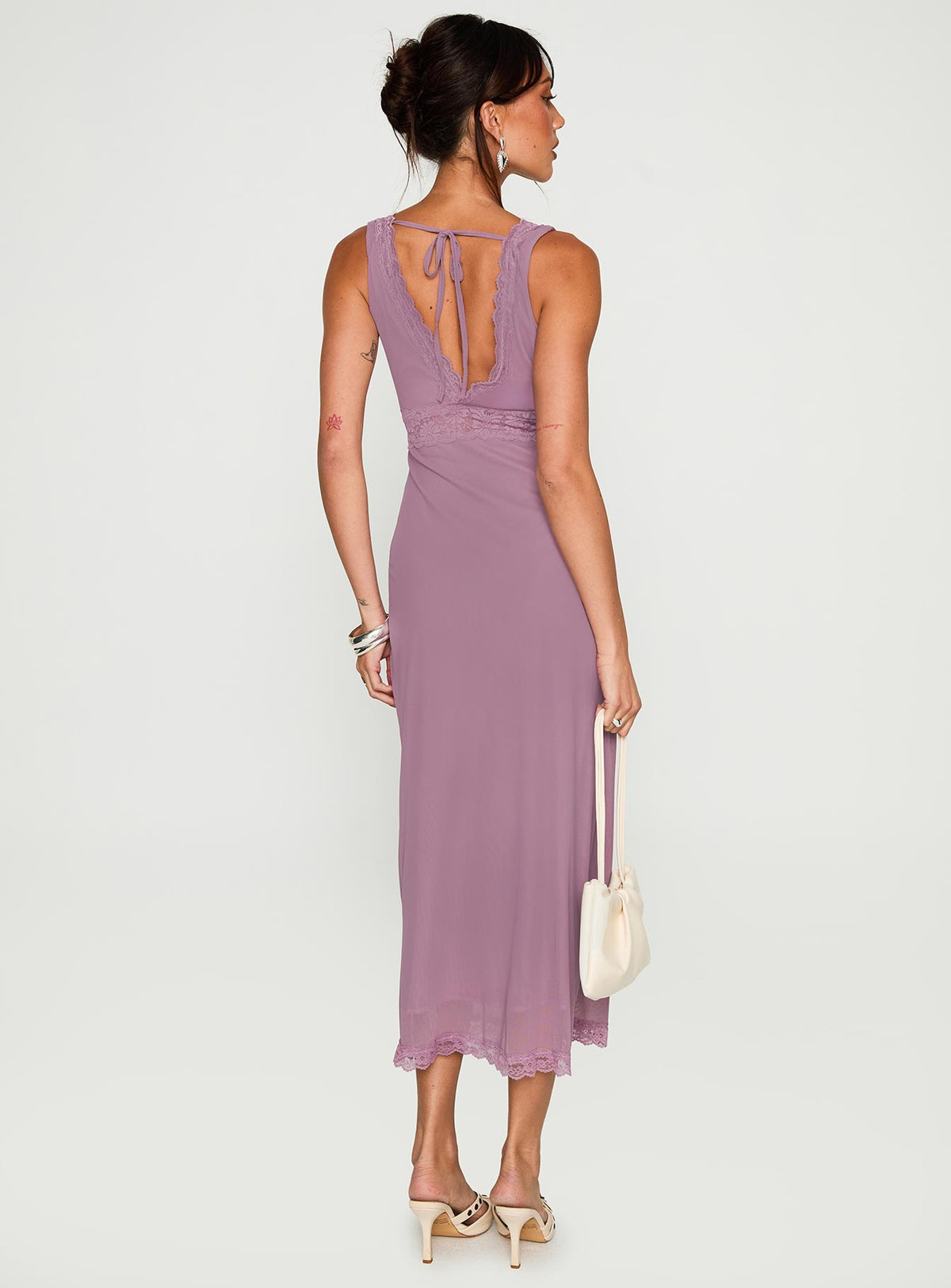back view of model wearing Princess Polly Between The Lines Lace Trim Maxi Dress Purple Plunger 