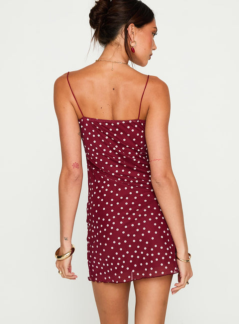 back view of model wearing Princess Polly Sugar Mini Dress Red Polka Cowl Neck 