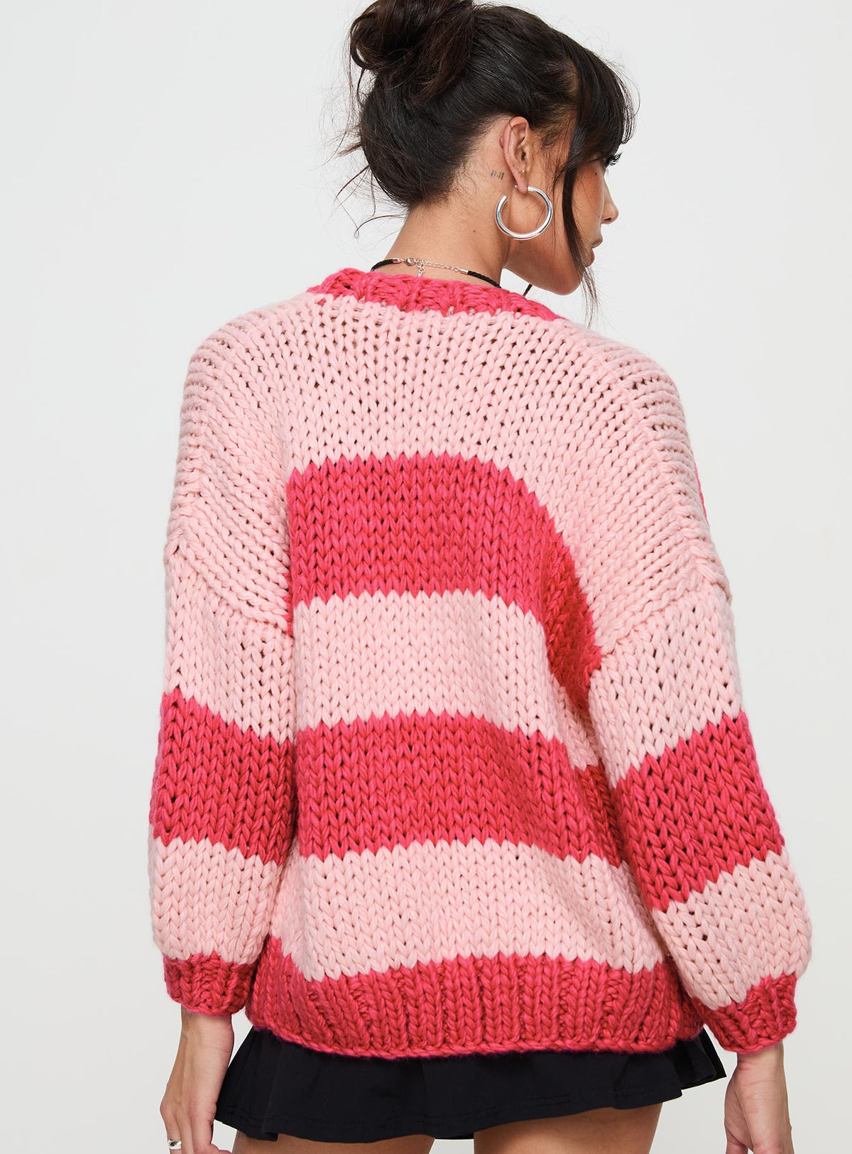 back view of model wearing Princess Polly Lester Knit Cardigan Pink Stripe cropped Jumpers 
