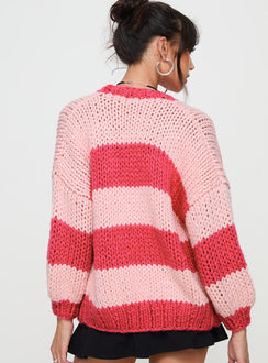 back view of model wearing Princess Polly Lester Knit Cardigan Pink Stripe cropped Jumpers 