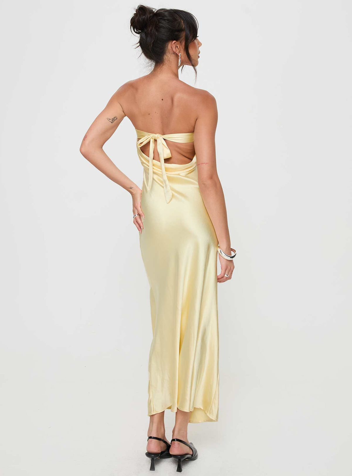 back view of model wearing Princess Polly Haley Maxi Dress Yellow Straight Neck 