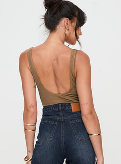 back view of model wearing Princess Polly Yolando Bodysuit Taupe Sleeveless Bodysuit 