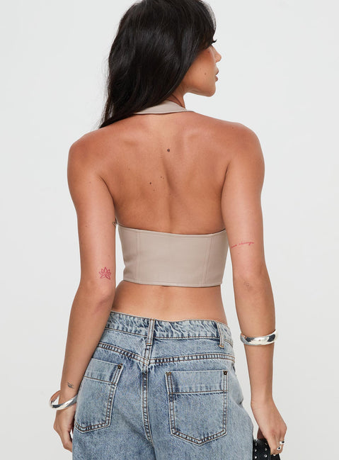 back view of model wearing Princess Polly Palladia Faux Leather Jordy Corset Taupe Sleeveless Plunger 