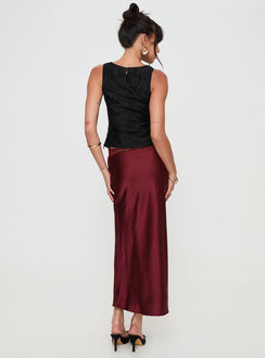 back view of model wearing Princess Polly The Charmaine Maxi Skirt Burgundy Midi Skirts Skirts 