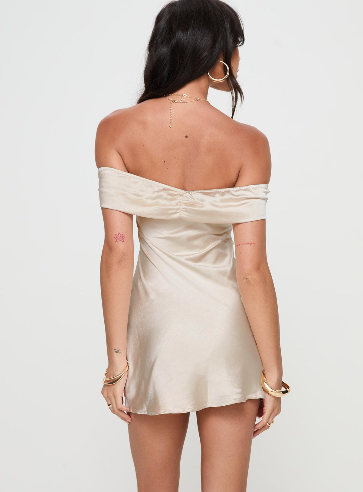 back view of model wearing Princess Polly Sadee Mini Dress Champagne Straight Neck 
