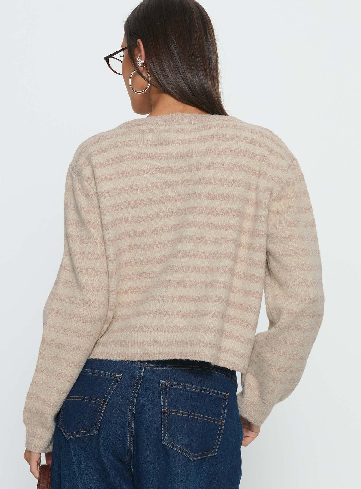 Versatile and cozy Raynna Button Up Cardigan Beige Stripe womens jumpers in short length back view of model wearing Princess Polly