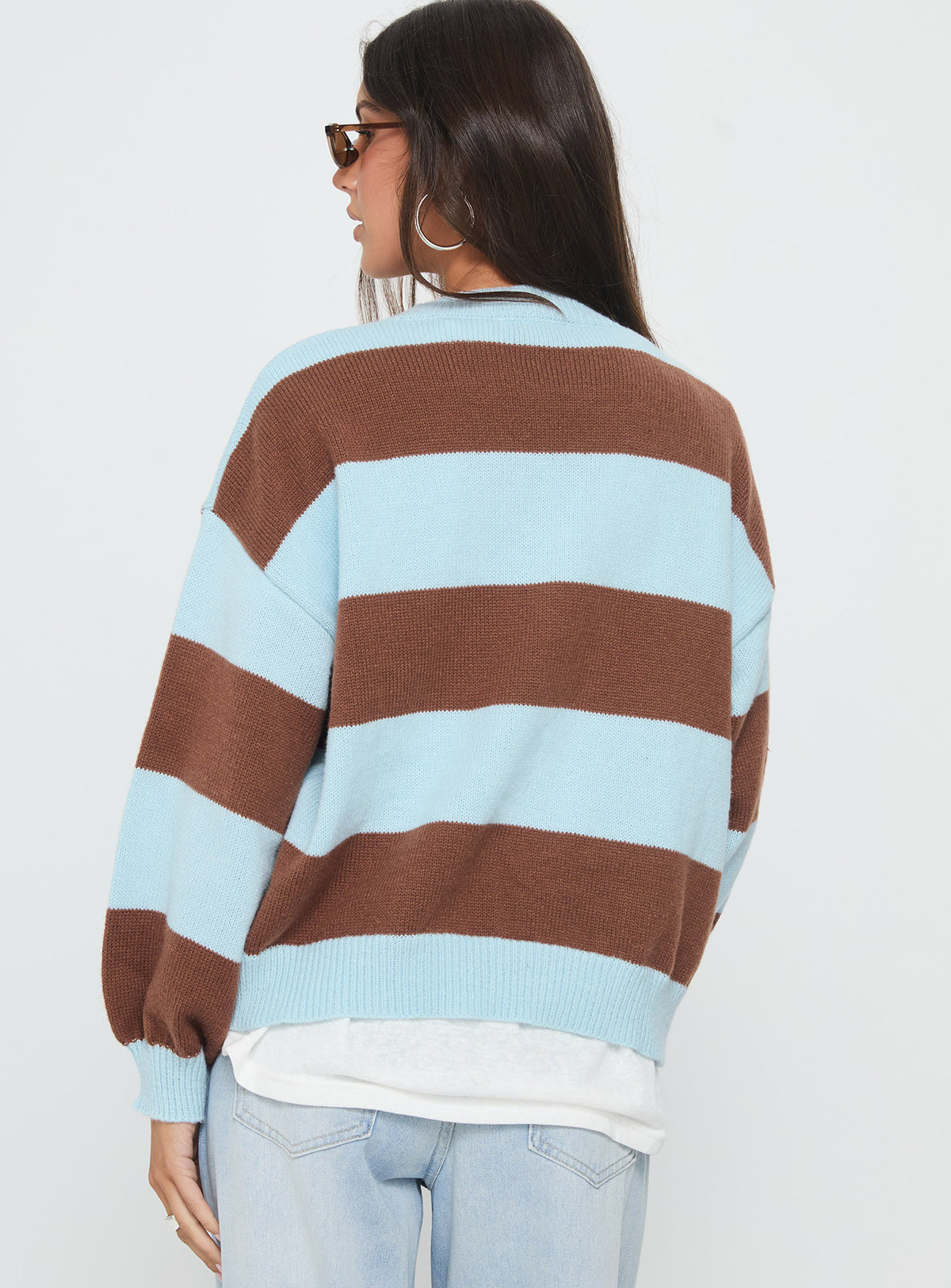 back view of model wearing Princess Polly Ardentia Crew Neck Knit Sweater Aqua Stripe Longline Jumpers Jumpers 