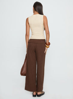 back view of model wearing Princess Polly Silver Moon Linen Blend Tie Pants Brown Mid Rise Pants Pants 