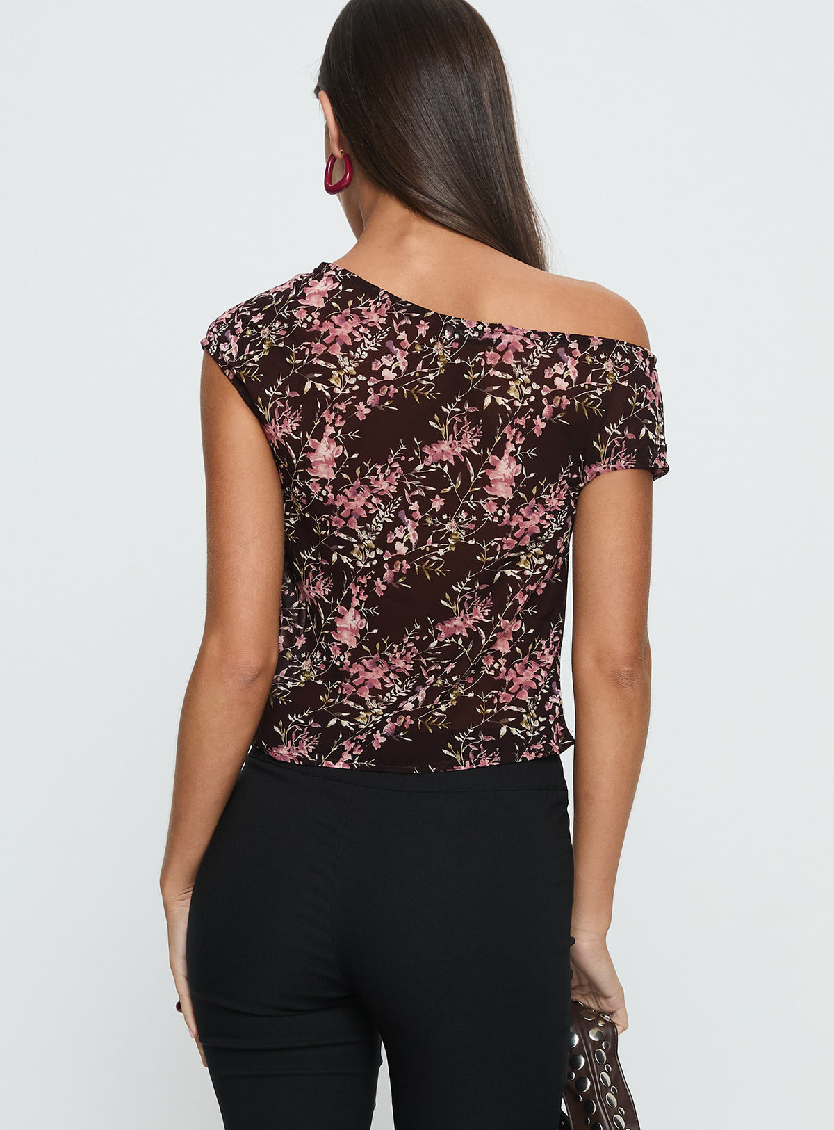 Justyna Sheer Top Off Shoulder Top Brown / Pink Floral