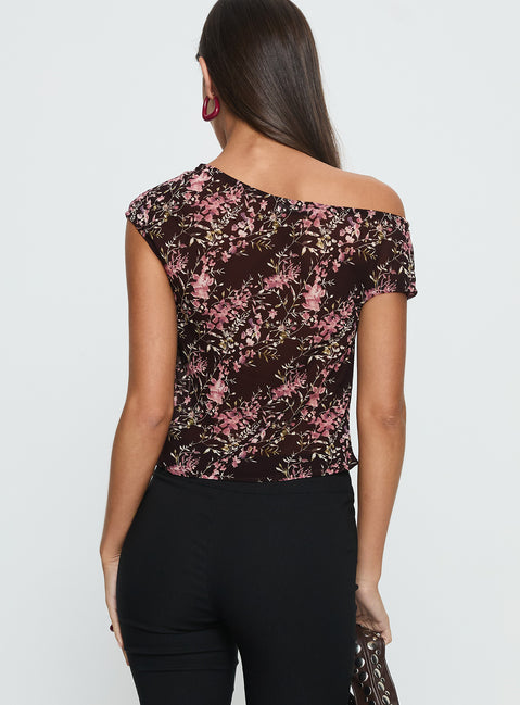 Justyna Sheer Top Off Shoulder Top Brown / Pink Floral