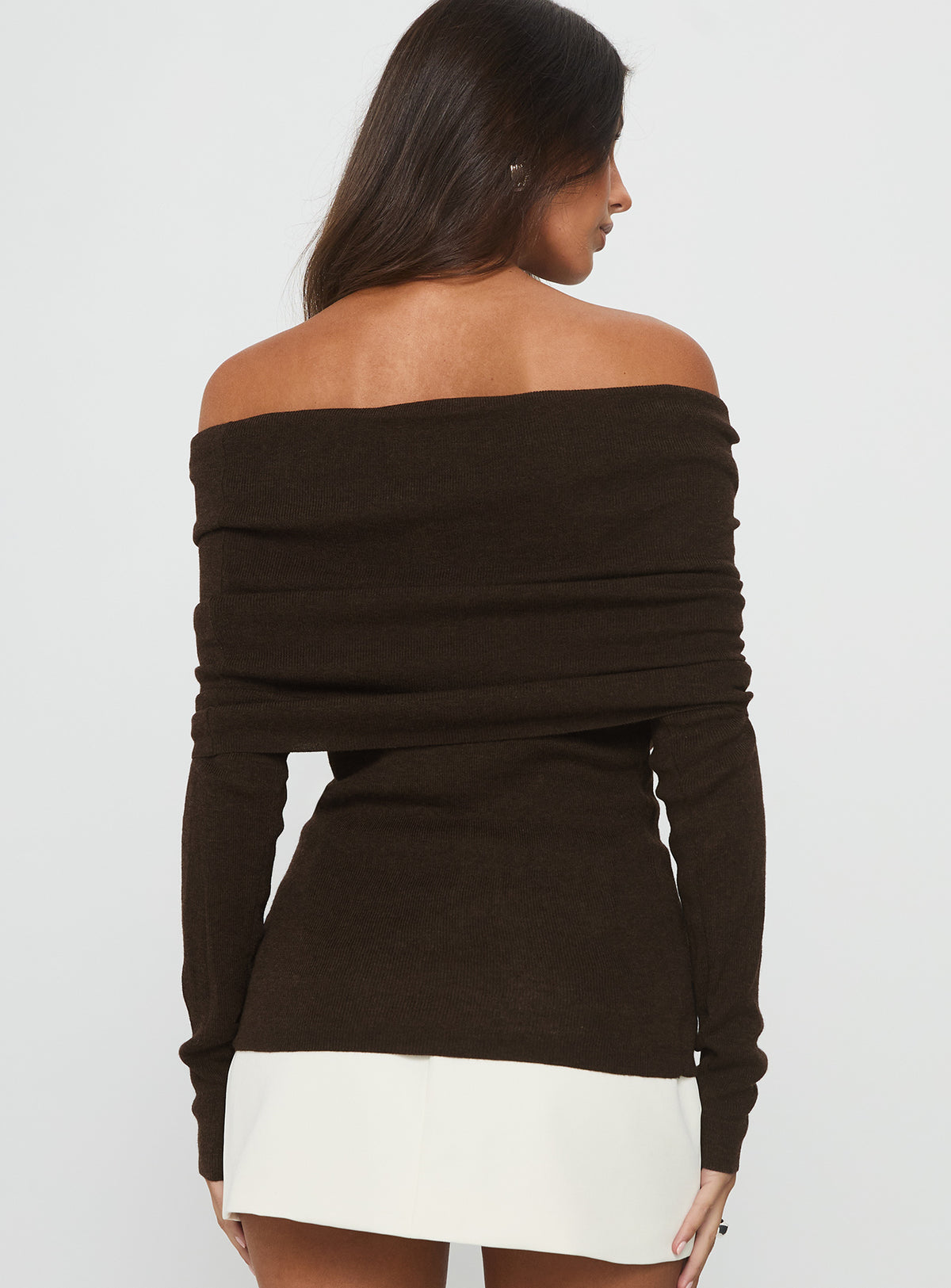 Florrie Off Shoulder Foldover Long Sleeve Top Chocolate