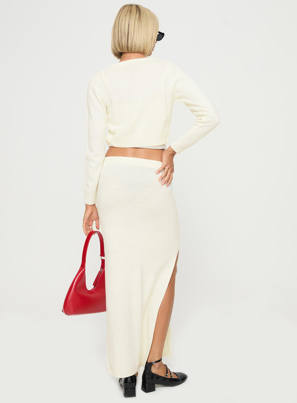 back view of model wearing Princess Polly Collase Knit Sweater Cream cropped Jumpers 