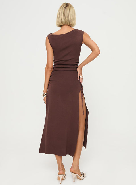 back view of model wearing Princess Polly Original Sin Dress Midi Dress Chocolate Asymmetric Neckline 
