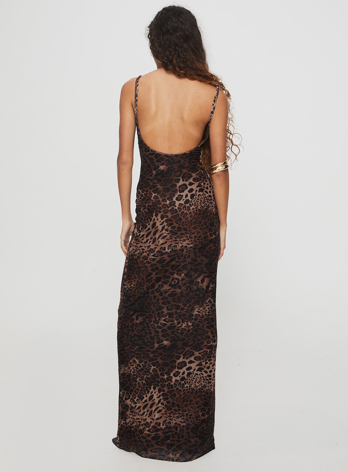 back view of model wearing Princess Polly Knox Maxi Dress Leopard Scoop Neck 