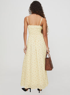 back view of model wearing Princess Polly Pearle Shirred Maxi Dress Cream Floral Square Neck 