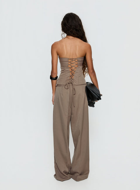back view of model wearing Princess Polly Madelle Mid Rise Straight Leg Pants Brown Pinstripe Mid Rise Pants Pants 