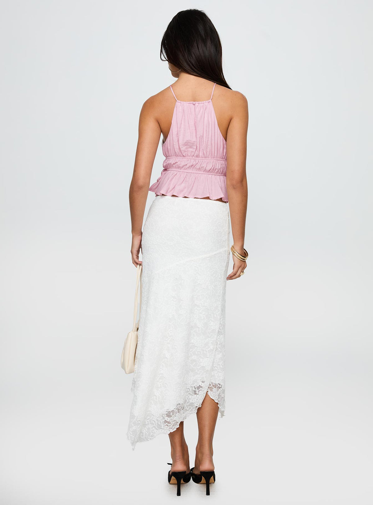 back view of model wearing Princess Polly Freebirds Lace Midi Skirt White Midi Skirts Skirts 