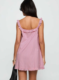 back view of model wearing Princess Polly Zalina Babydoll Mini Dress Pink Stripe Square Neck 
