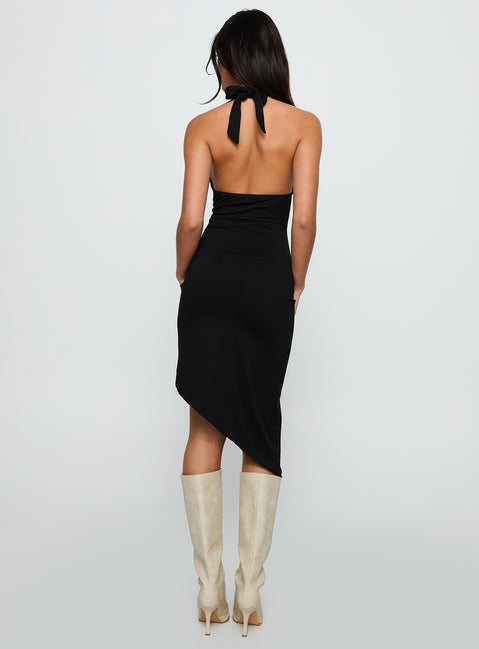 back view of model wearing Princess Polly Whimsy Asymmetrical Midi Dress Black V-Neck 