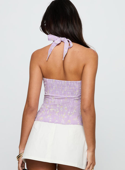 back view of model wearing Princess Polly Isabetta Halter Top Lilac Floral Sleeveless Sweetheart 