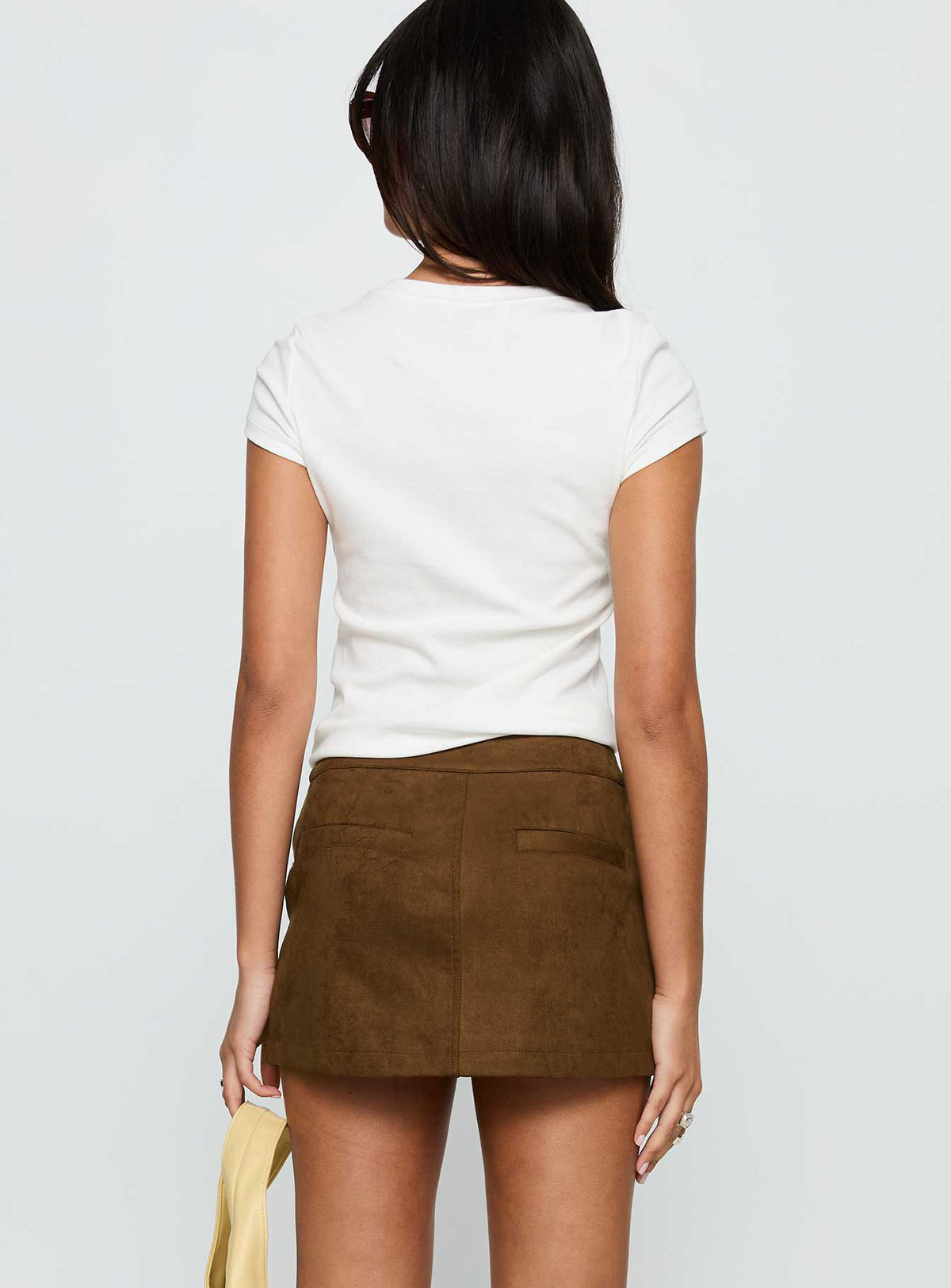 back view of model wearing Princess Polly Rhodeo Mini Skirt Brown Mini Skirts Skirts 