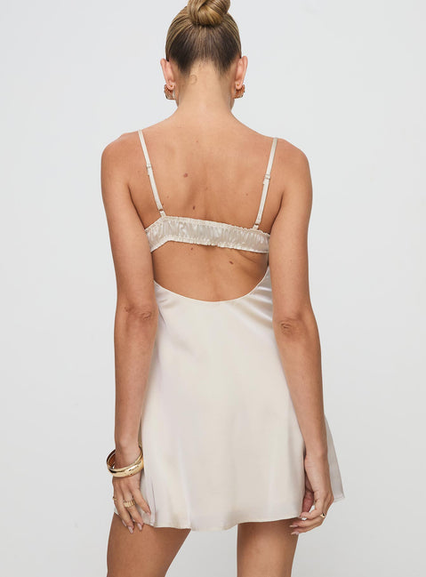 back view of model wearing Princess Polly Decipher Satin Mini Dress Ivory Sweetheart Neckline 