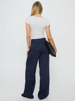 back view of model wearing Princess Polly Lorenne Mid Rise Pant Navy Pinstripe High Rise Pants Pants 