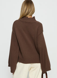 back view of model wearing Princess Polly Neriel Funnel Neck Knit Sweater Chocolate Longline Jumpers Jumpers 