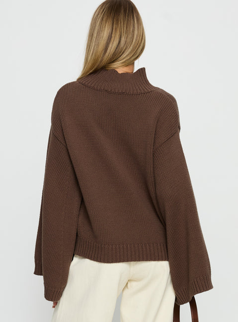 back view of model wearing Princess Polly Neriel Funnel Neck Knit Sweater Chocolate Longline Jumpers Jumpers 