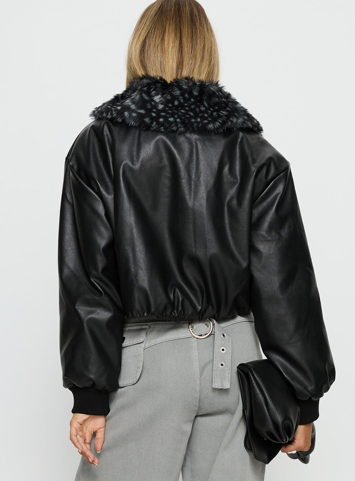 Koemi Faux Leather Collared Jacket Black