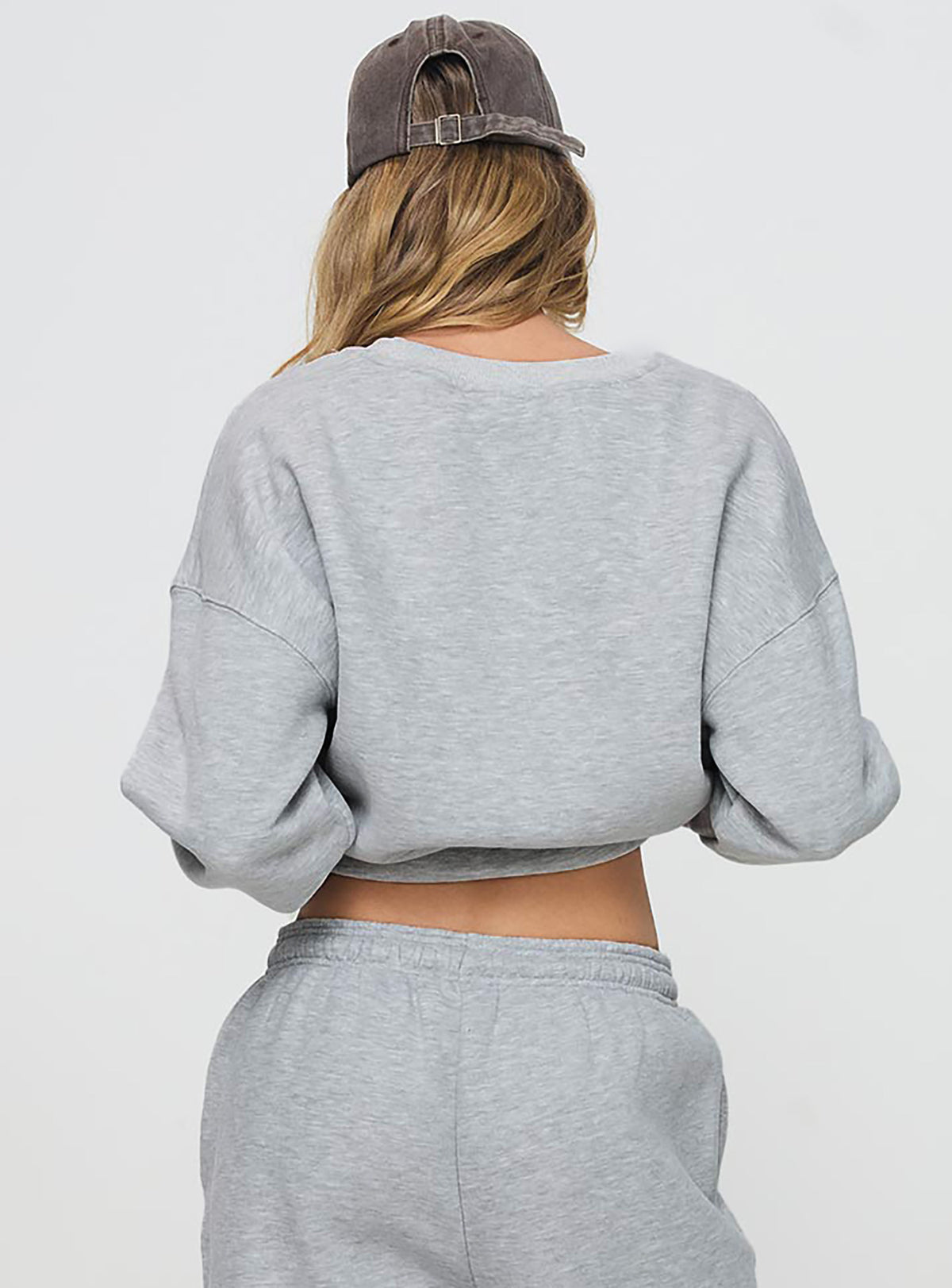 back view of model wearing Princess Polly Dream Fleece Classic Crewneck Sweatshirt Grey Marle Jumpers 