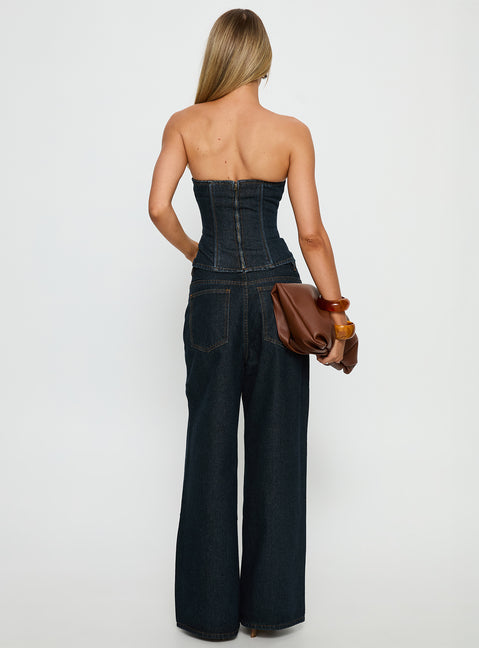 back view of model wearing Princess Polly Blue Crush Low Rise Wide Leg Jeans Indigo Mid Rise Jeans Jeans 