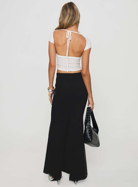 back view of model wearing Princess Polly Topping Maxi Skirt Black Maxi Skirts Skirts 