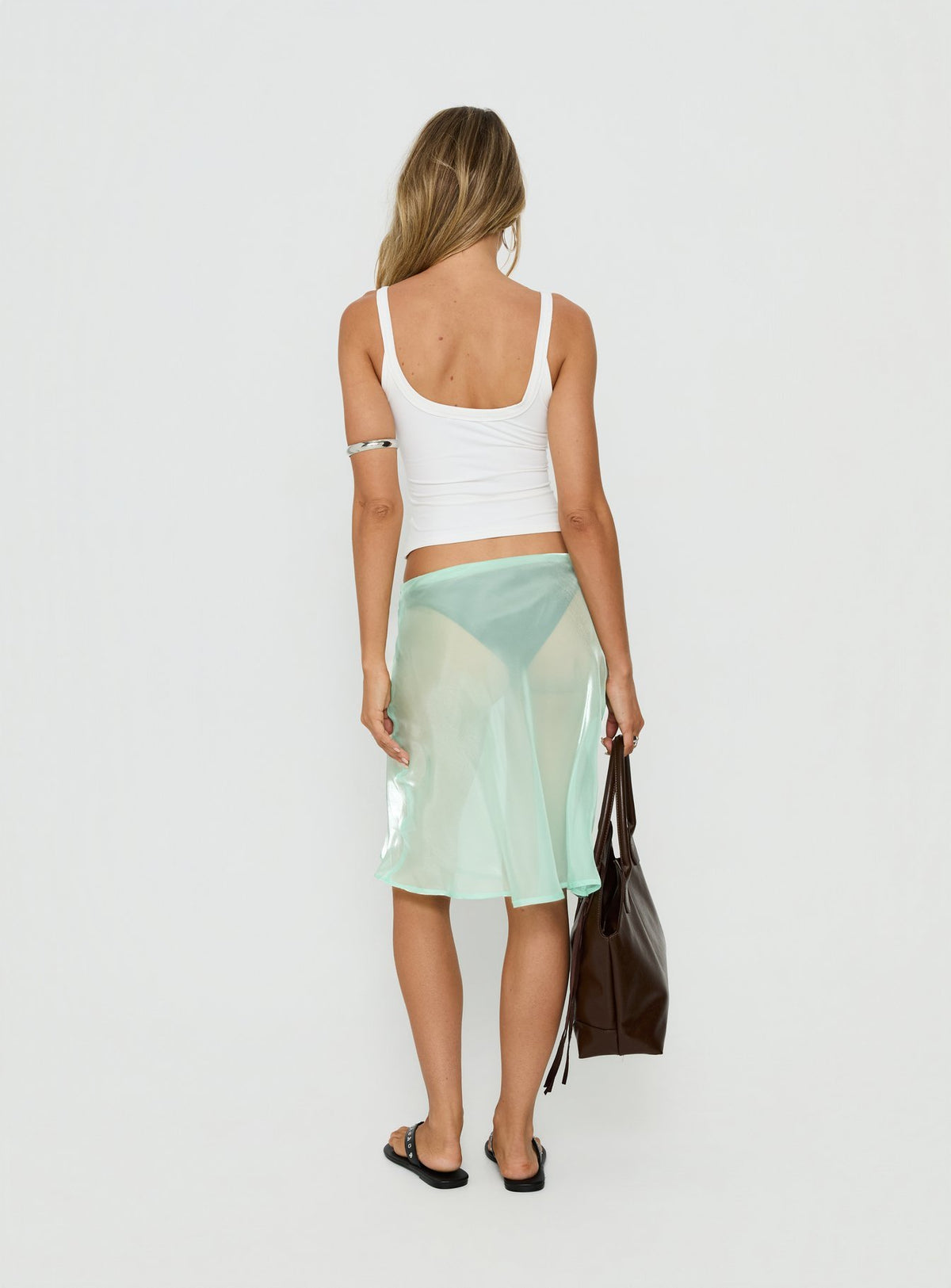 Presenting the Sidori Sheer Midi Skirt Jelly Mint in womens-skirts with midi length back view of model wearing Princess Polly