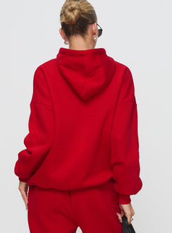 back view of model wearing Princess Polly Dream Fleece Classic Hoodie Red Longline Jumpers Jumpers 