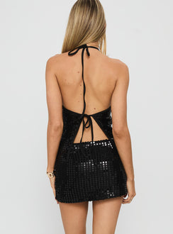 back view of model wearing Princess Polly Zelaia Shimmer Mini Skirt Black Mini Skirts Skirts 
