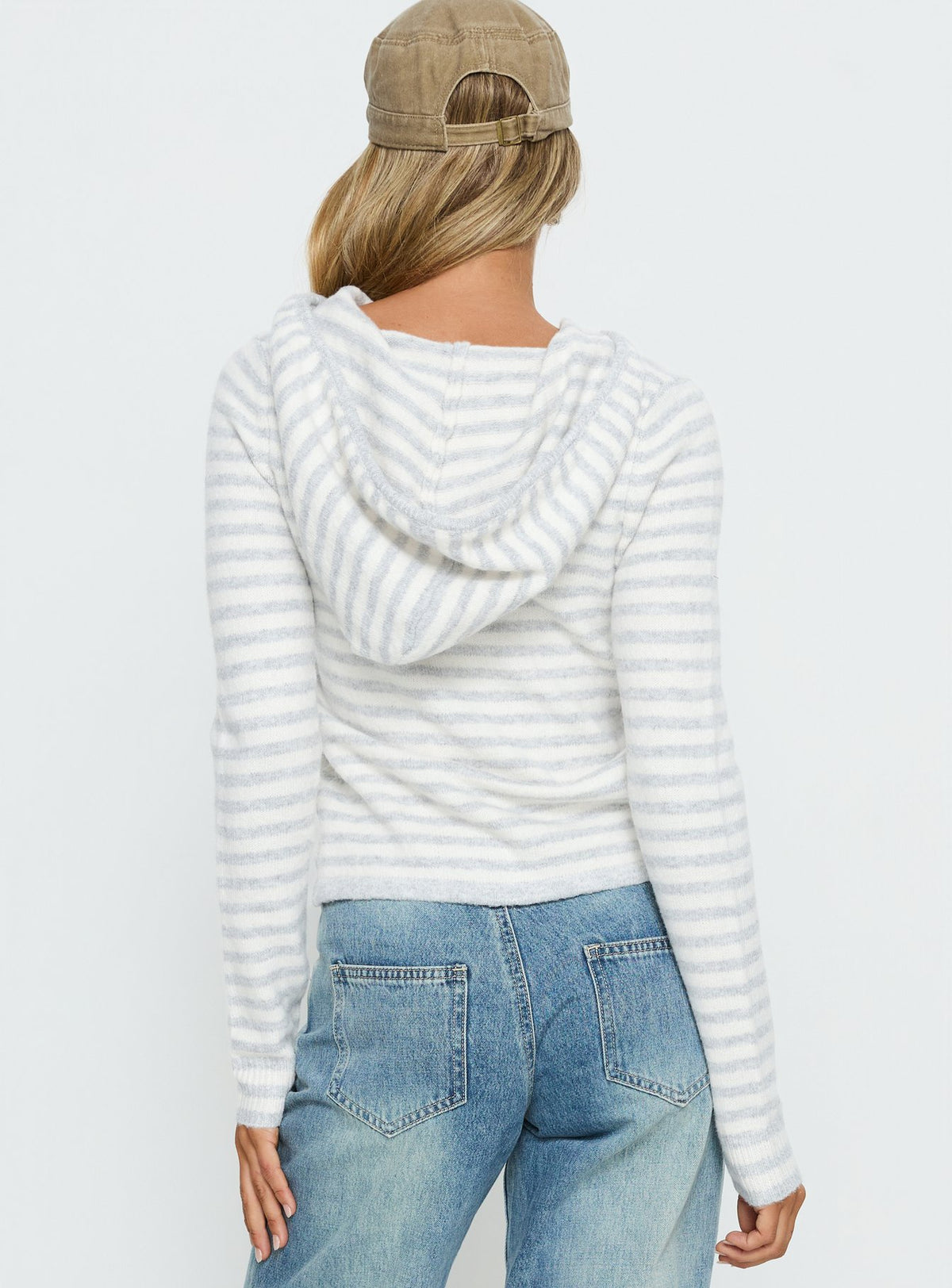 Designed for comfort, the Superstars Zip Through Hoodie Grey / Cream Stripe womens-jumpers in short length back view of model wearing Princess Polly