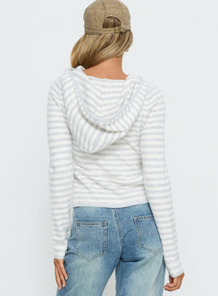 Designed for comfort, the Superstars Zip Through Hoodie Grey / Cream Stripe womens-jumpers in short length back view of model wearing Princess Polly