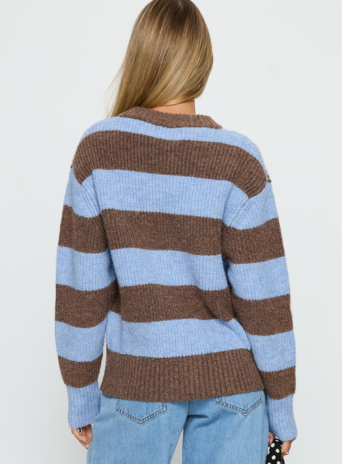 Presenting the Queena Zip Through Knit Sweater Blue Stripe in womens-jumpers with long fit back view of model wearing Princess Polly