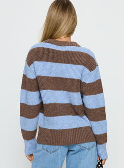 Presenting the Queena Zip Through Knit Sweater Blue Stripe in womens-jumpers with long fit back view of model wearing Princess Polly