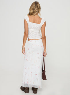 back view of model wearing Princess Polly Breezewood Maxi Skirt White Maxi Skirts Skirts 