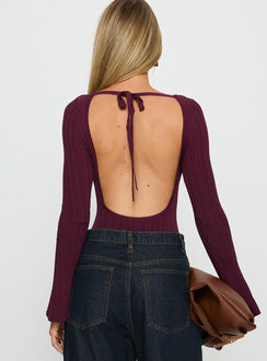 back view of model wearing Princess Polly Mayok Long Sleeve Bodysuit Plum Long Sleeve Tops Bodysuit 