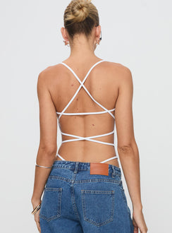 back view of model wearing Princess Polly All Tied Up Bodysuit White Tall Sleeveless Bodysuit 