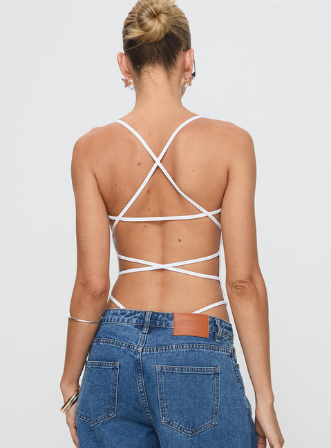 back view of model wearing Princess Polly All Tied Up Bodysuit White Tall Sleeveless Bodysuit 